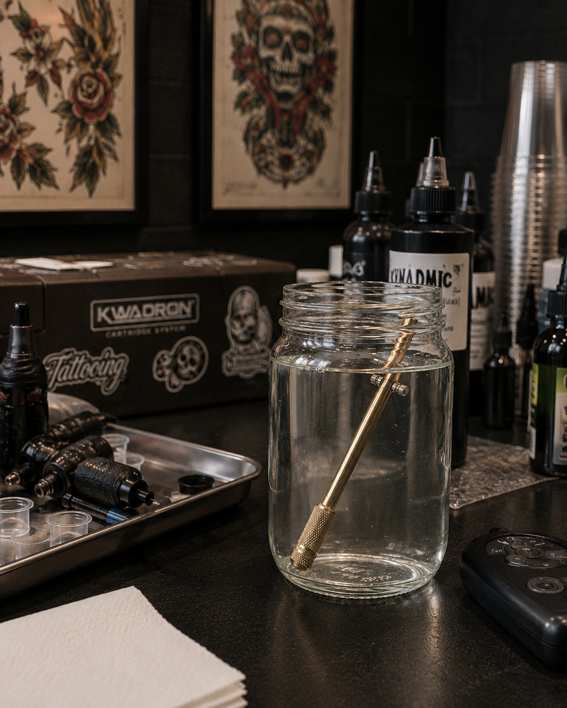 Tattoo ink bottles and supplies on a table with a jar of rubbing alcohol and tattoo needle. How to clean a Handpoke tattoo tool, the Powk is being disinfected 