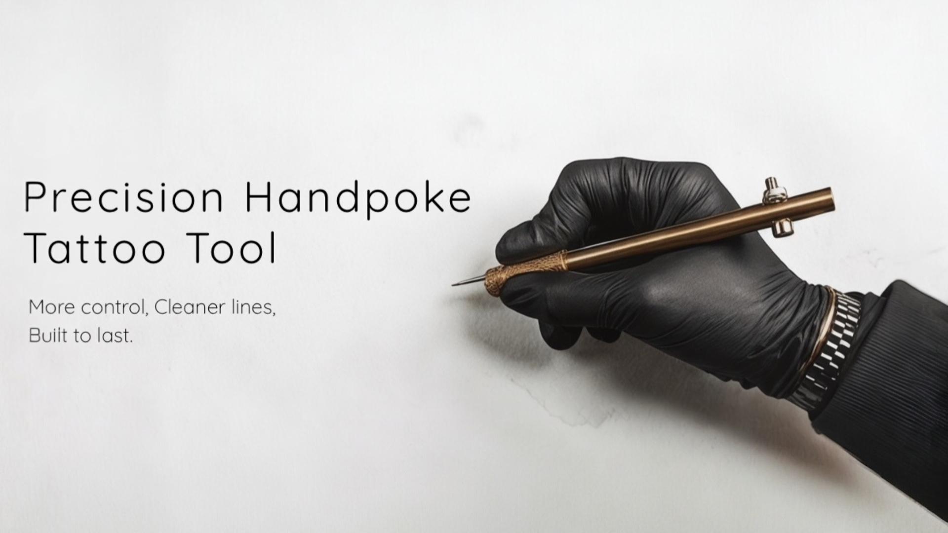 Hand wearing a black glove holding a tattoo tool with text about precision handpoke tattoo tool on a white background